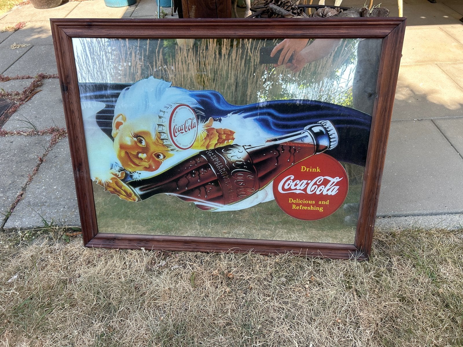 Vintage Coca-Cola spiegel met houten lijst, Antiek en Kunst, Antiek | Spiegels, Ophalen of Verzenden, Rechthoekig, 50 tot 100 cm
