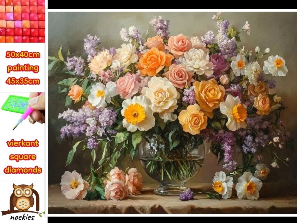 50x40cm Diamond Painting vaas met bloemen (vierkant) nr 58, Verzenden, Overige typen, Educatief, Nieuw