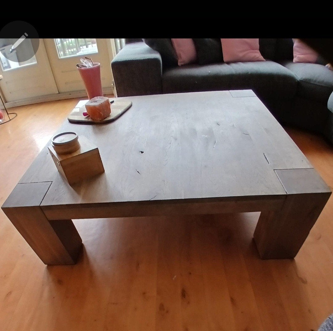 Robuuste houten salontafel 1x1 meter meter 1, Huis en Inrichting, Tafels | Salontafels, Ophalen, Gebruikt, 100 tot 150 cm, Vierkant