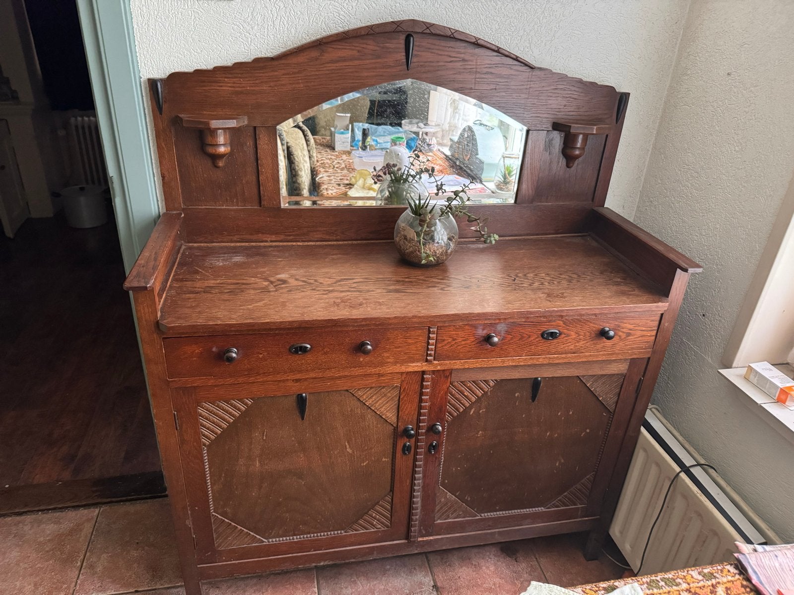 Vintage buffetkastje jaren '30 met spiegel, Huis en Inrichting, Kasten | Boekenkasten, Gebruikt, Minder dan 100 cm, 25 tot 50 cm