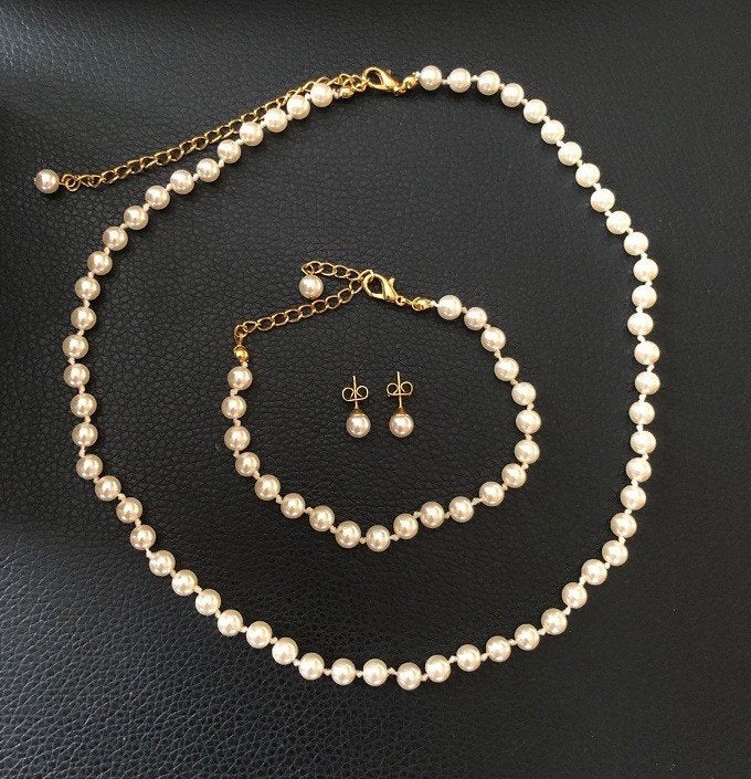 Set parels ketting + armband + oorbellen - parelmoer - goud