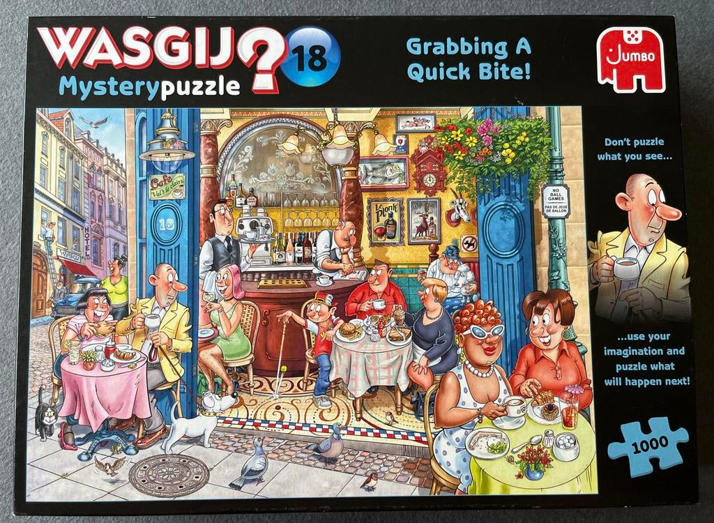 WASGIJ Mystery Puzzel 18: Grabbing A Quick Bite! 1000 stukje, Ophalen, 500 t/m 1500 stukjes, Zo goed als nieuw, Legpuzzel