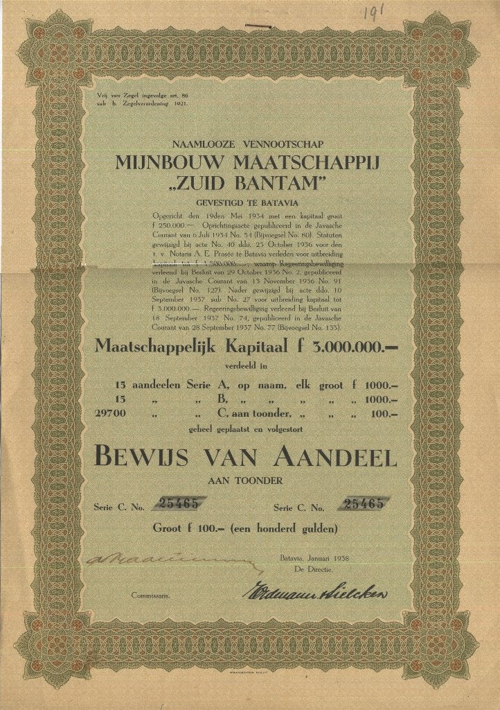 Aandeel Mijnbouw Maatschappij 'Zuid Bantam', Ophalen of Verzenden, Gebruikt