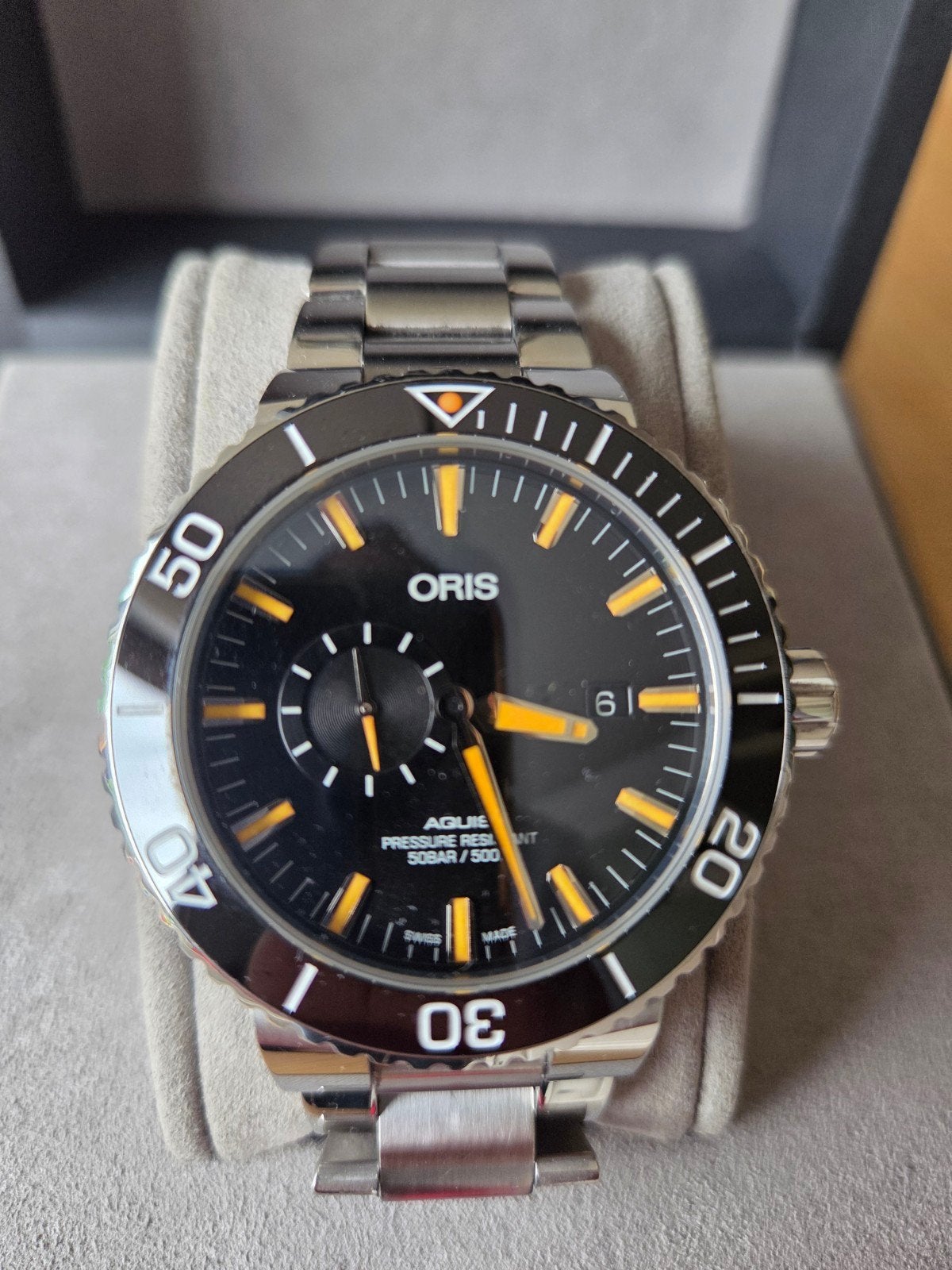 Oris Aquis Small Seconds 45,5mm | Zwart/Oranje | Full Set, Overige merken, Staal, Staal, Polshorloge