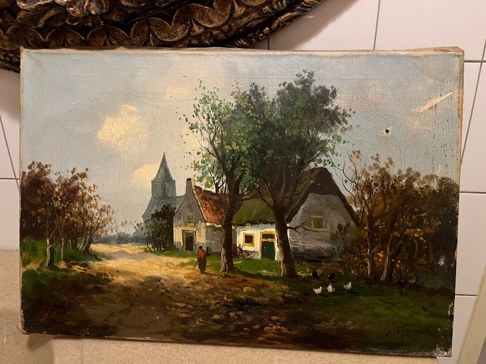 Antiek olieverf schilderij, dorpsgezicht, Ophalen of Verzenden