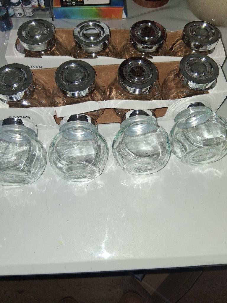 12 glazen kruidenpotjes met chromen deksels, Glas, Ophalen of Verzenden, Zo goed als nieuw, Voorraadpot