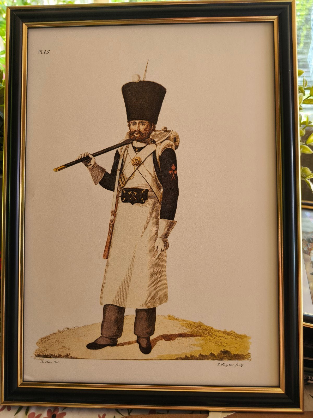 Antieke prent van een soldaat in uniform, ingelijst, Antiek en Kunst, Kunst | Tekeningen en Foto's, Ophalen of Verzenden, Prent