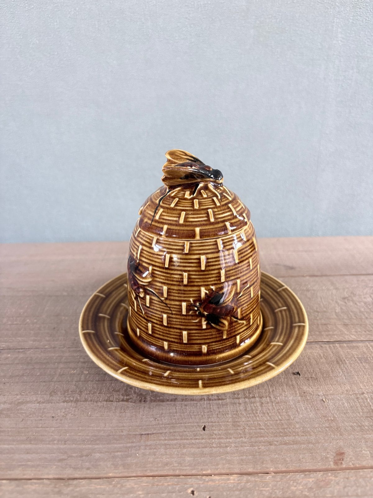 Vintage Honingpot met Bijenmotief en Schotel, Ophalen of Verzenden