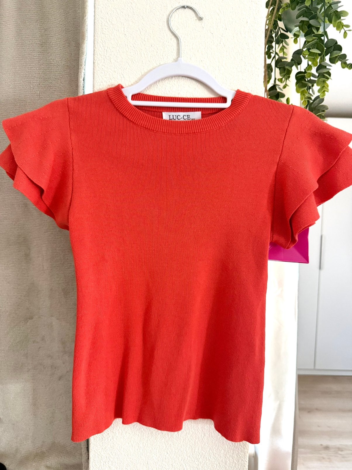 Oranje - koraal shirtje met schattige mouwen - LUC-CE, Maat 38/40 (M), Oranje, Ophalen of Verzenden, Zo goed als nieuw