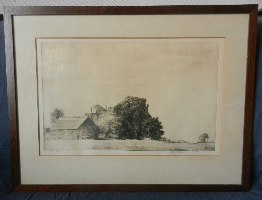 Ets proefdruk Landschap met schuur en hooimijt Jose Calsina, 28 cm, 47 cm, Ophalen of Verzenden, Met tekst