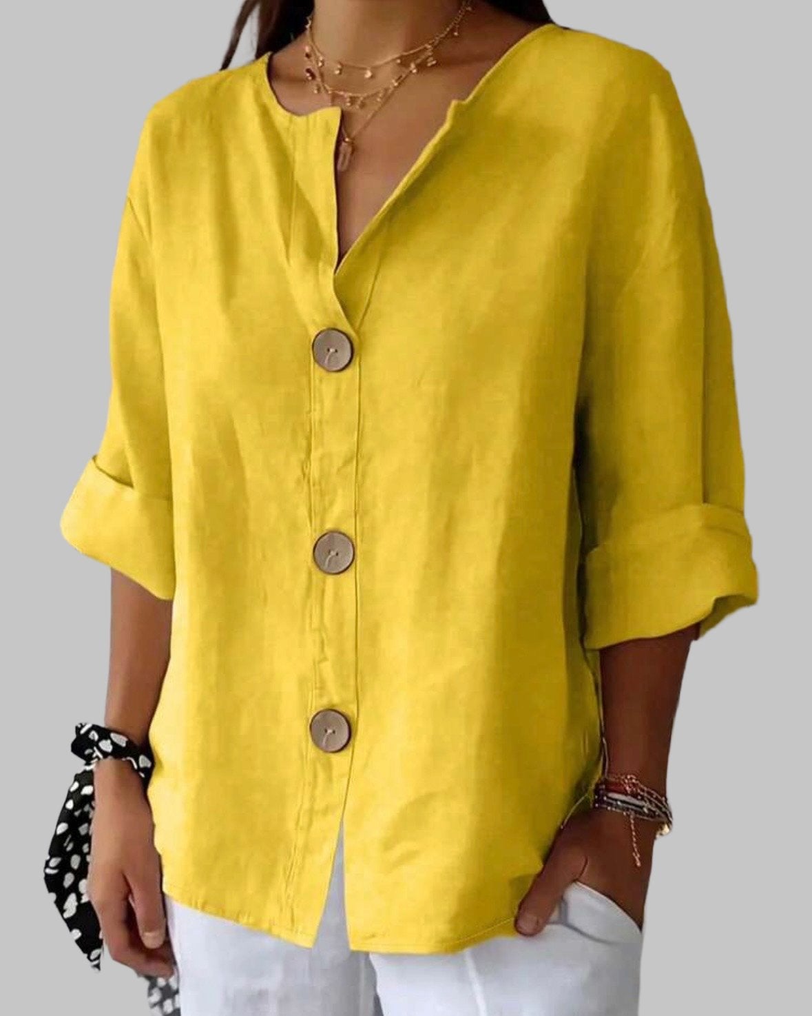 Linnenlook blouse met knopen Geel (44-54), Kleding | Dames, Verzenden, Nieuw, Geel, Blouse of Tuniek