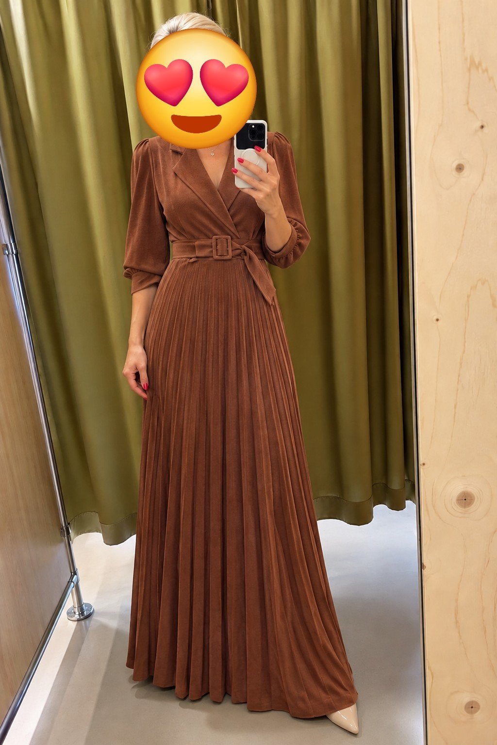 Cazibe Maxi Jurk met Plissé Rok en Ceintuur - Maat S, Cazibe, Bruin, Nieuw, Ophalen of Verzenden