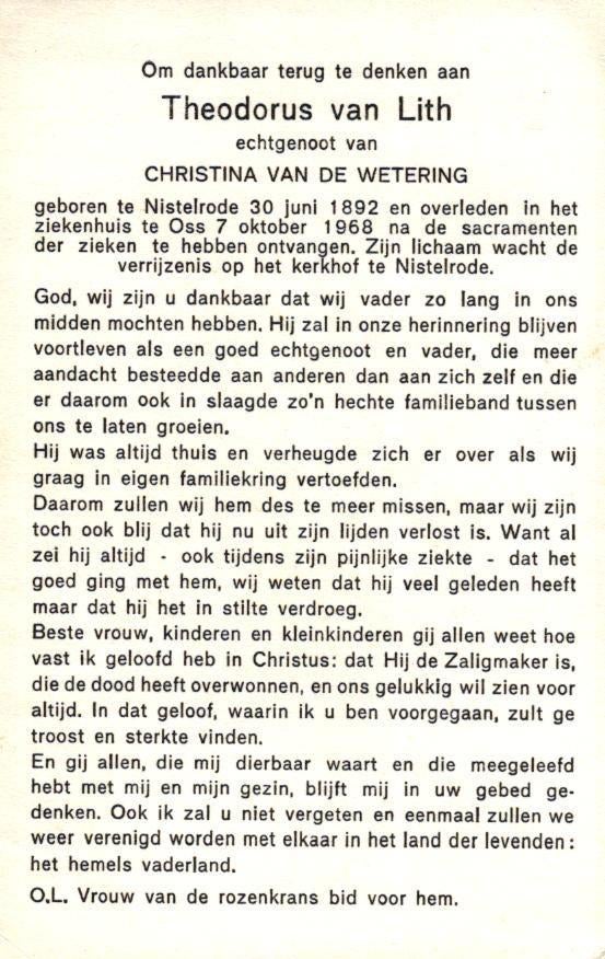 Lith van Theodorus 1892-1968 Nistelrode, Ophalen of Verzenden