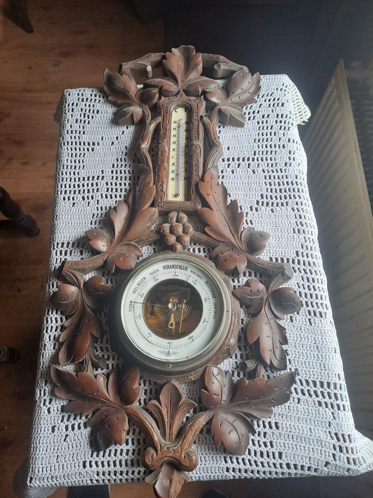 Antieke Barometer en Thermometer - Houtsnijwerk, Ophalen of Verzenden