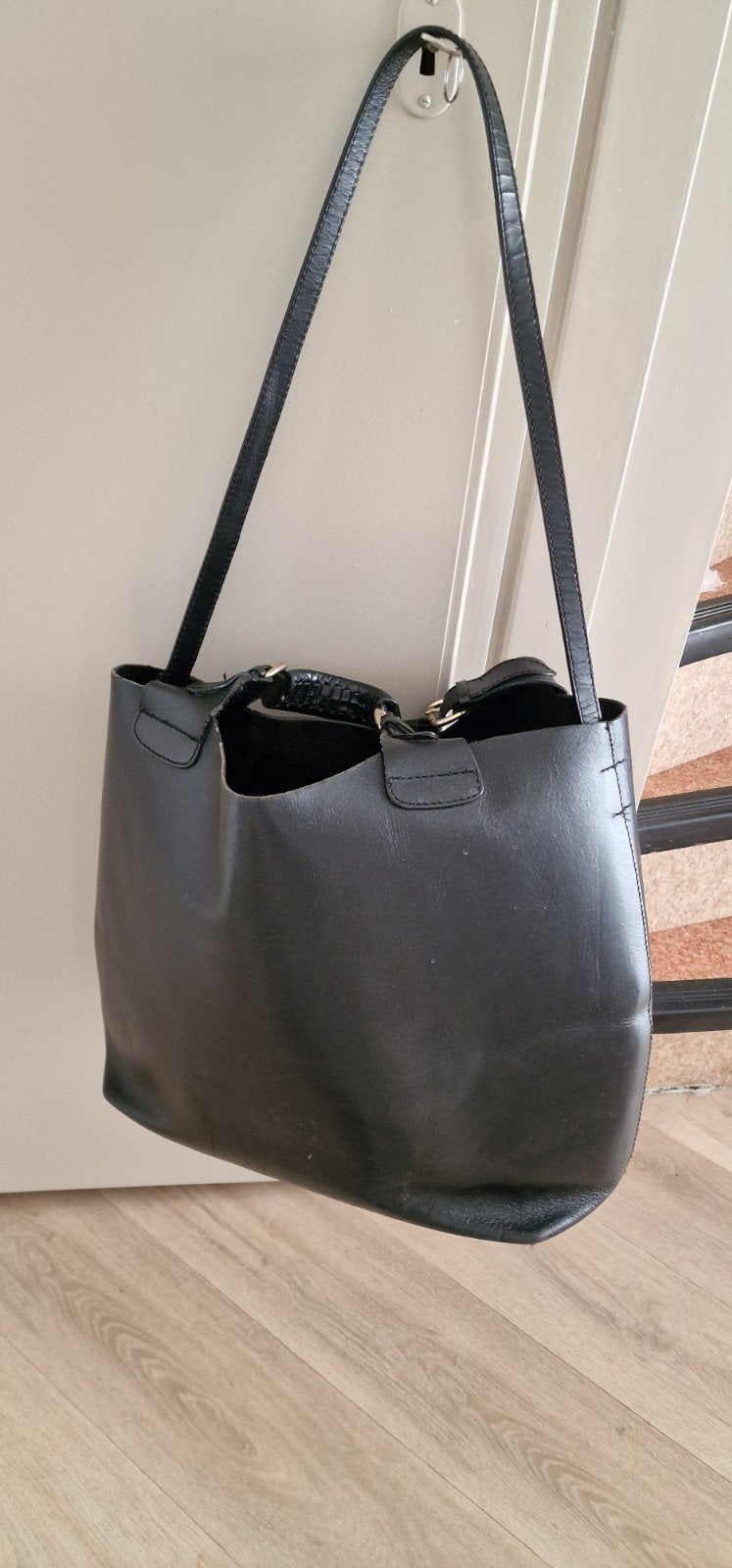 Vintage Echt Lederen Tas - Zwart, Ophalen of Verzenden, Gebruikt, Zwart, Handtas