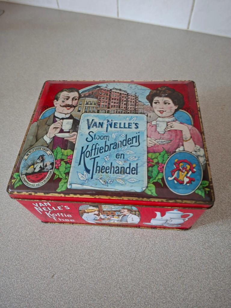 Vintage Van Nelle Koffie Thee Blik 'De Ruzende Hoop', Verzamelen, Blikken, Ophalen of Verzenden, Gebruikt, Koffie, Van Nelle