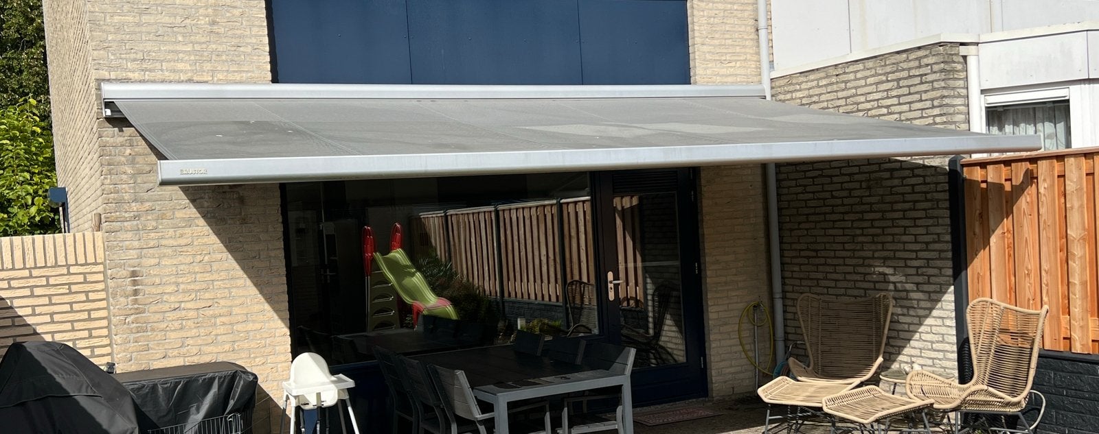 102 - Groot Bustor knikarm zonnescherm, Ophalen, Gebruikt, 450 cm of meer, Elektrisch