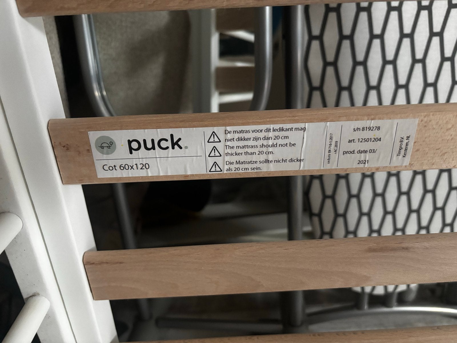 Puck Ledikant 60x120 inclusief matrasje en molton, Ophalen, Zo goed als nieuw, Ledikant