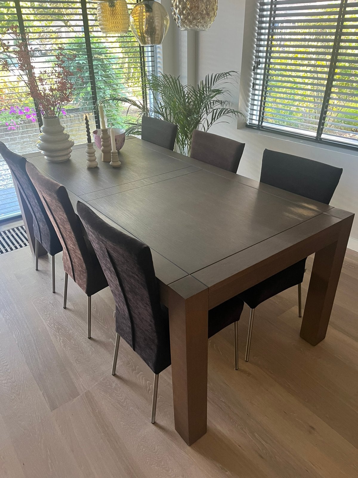 Massief eiken eettafel en 6 stoelen (Goossens), Ophalen, 200 cm of meer, 50 tot 100 cm, Zo goed als nieuw