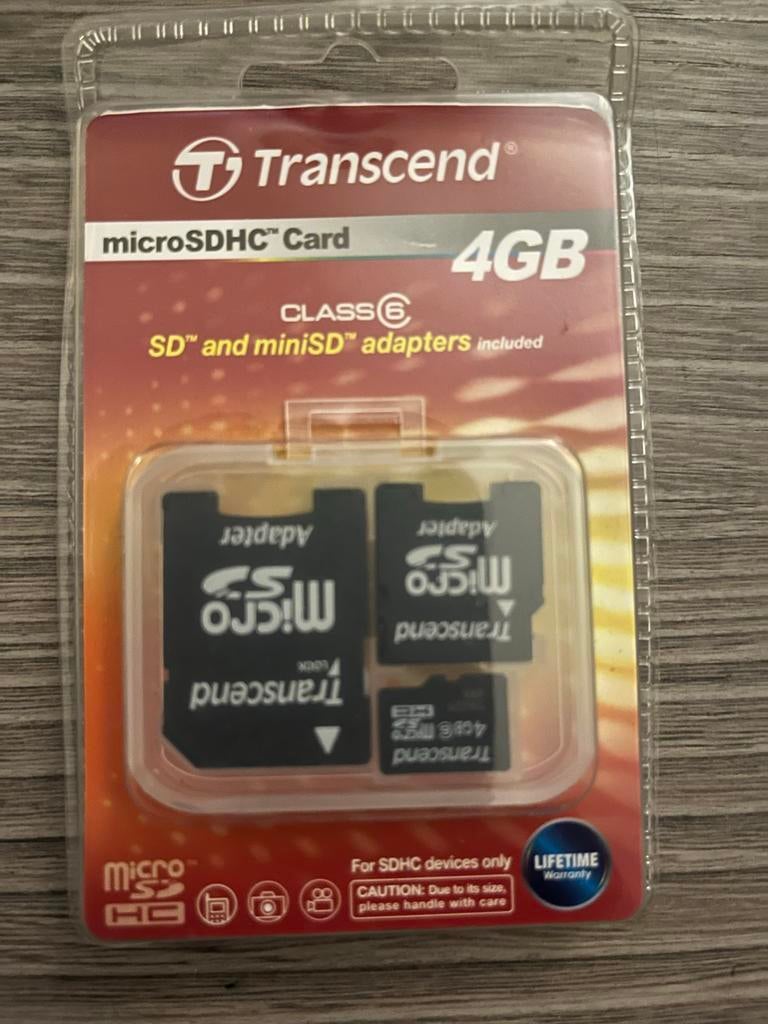 Transcend microSDHC Card 4GB Class 6 met SD en miniSD adapte, Ophalen, MicroSDHC, Nieuw, Smartphone