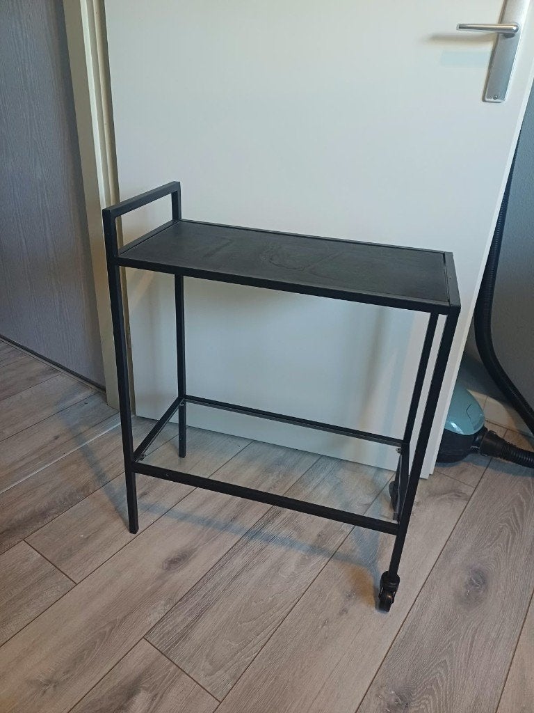 Serveerwagen zwart staal en glas, Minder dan 55 cm, Gebruikt, Modern, strak, staal, industrieel, Glas