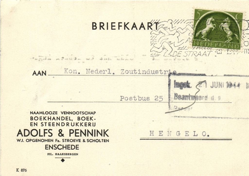 Adolfs + Pennink, Enschede - 06.1944 - briefkaart, Ophalen of Verzenden, Briefkaart