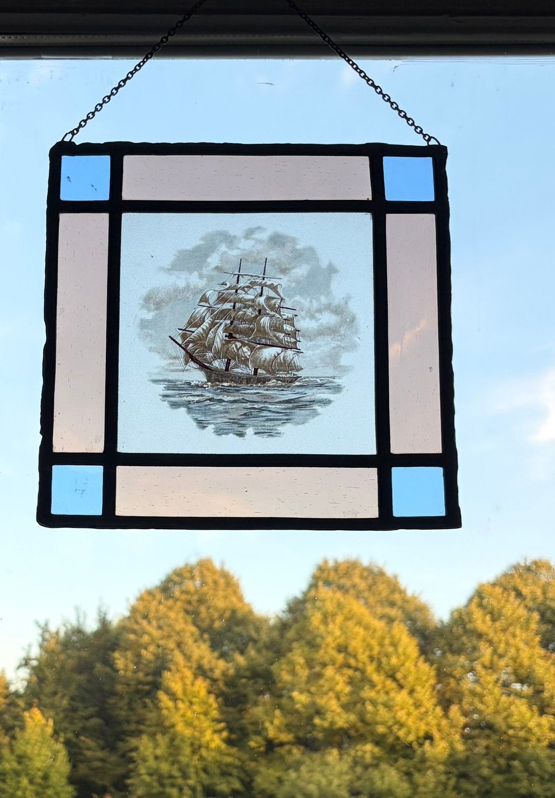 Glas in lood hanger, voorstellend VOC schip 18e eeuw., Antiek en Kunst, Ophalen of Verzenden