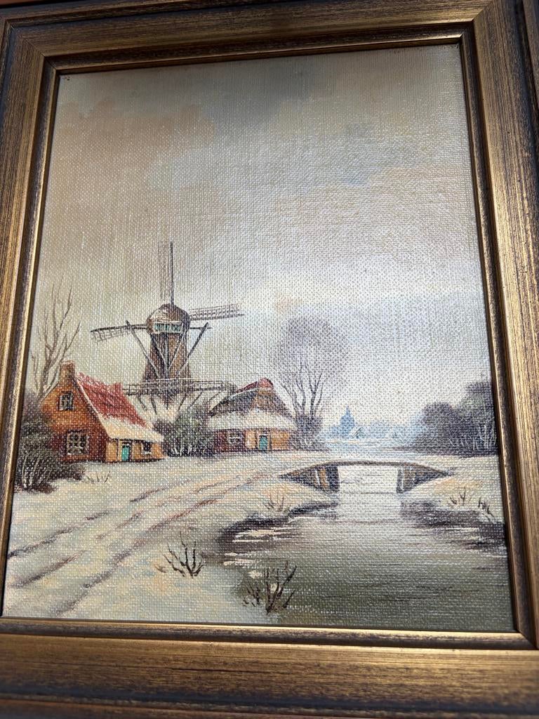 Winters Landschap Schilderij met Molen en Brug, inclusief La, Antiek en Kunst, Ophalen of Verzenden