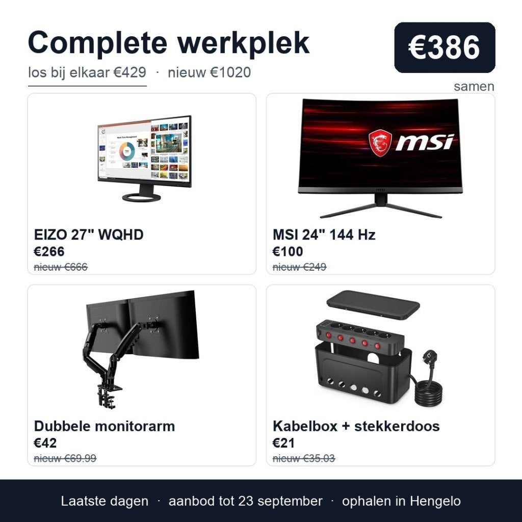 Complete werkplek: EIZO 27 + MSI 24, dubbele arm, kabelbox, Computers en Software, Ophalen, Gebruikt, 101 t/m 150 Hz, Curved
