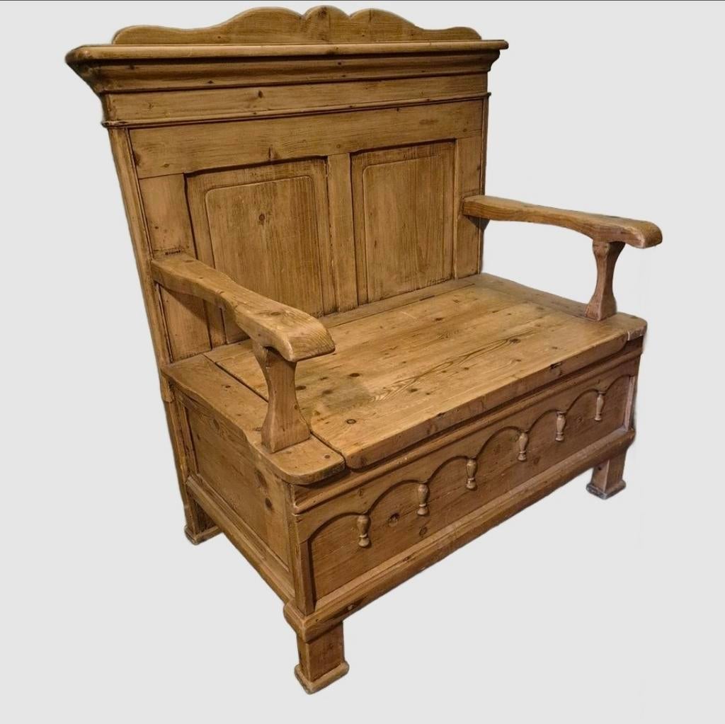 Antieke grenen klepbank / kist - Landelijke stijl, Antiek en Kunst, Antiek | Meubels | Stoelen en Banken, Ophalen of Verzenden