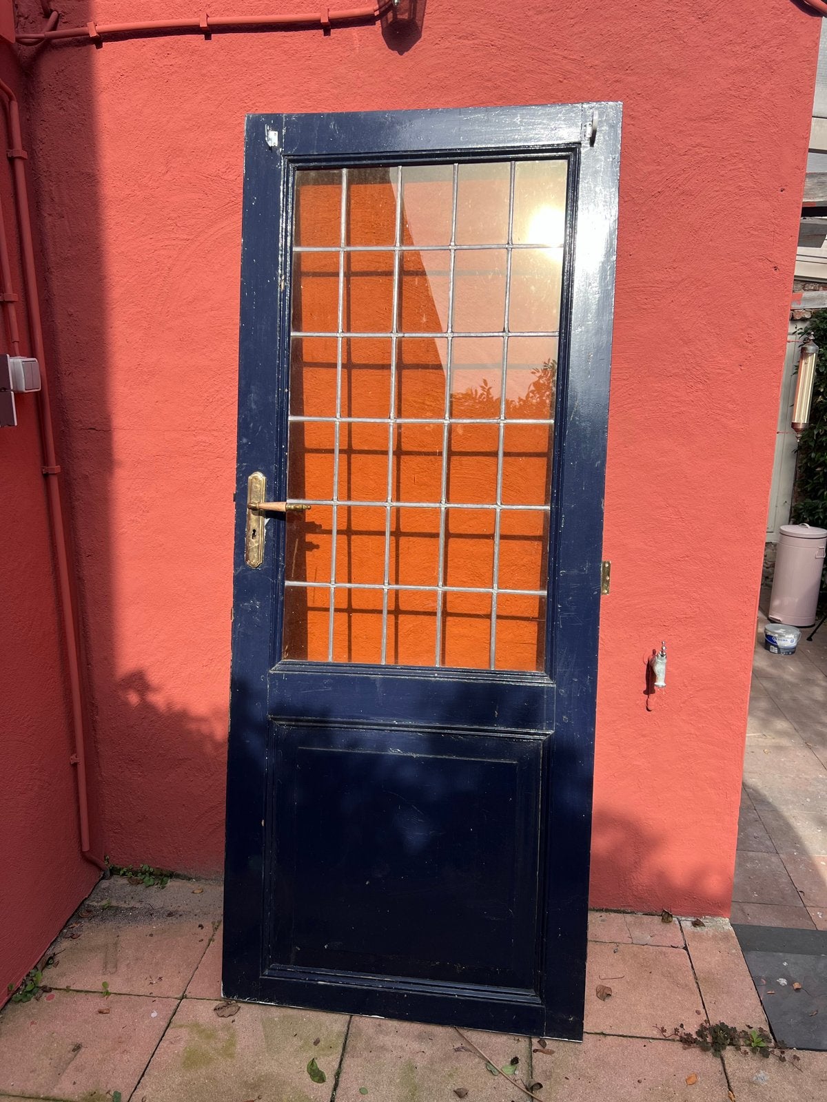 Gratis Donkerblauwe binnendeur met glas-in-lood effect, Ophalen, Gebruikt, 80 tot 100 cm, Buitendeur