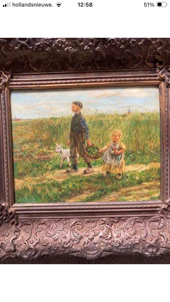 Schilderij kinderen met geitje, Antiek en Kunst, Kunst | Schilderijen | Klassiek, Ophalen of Verzenden