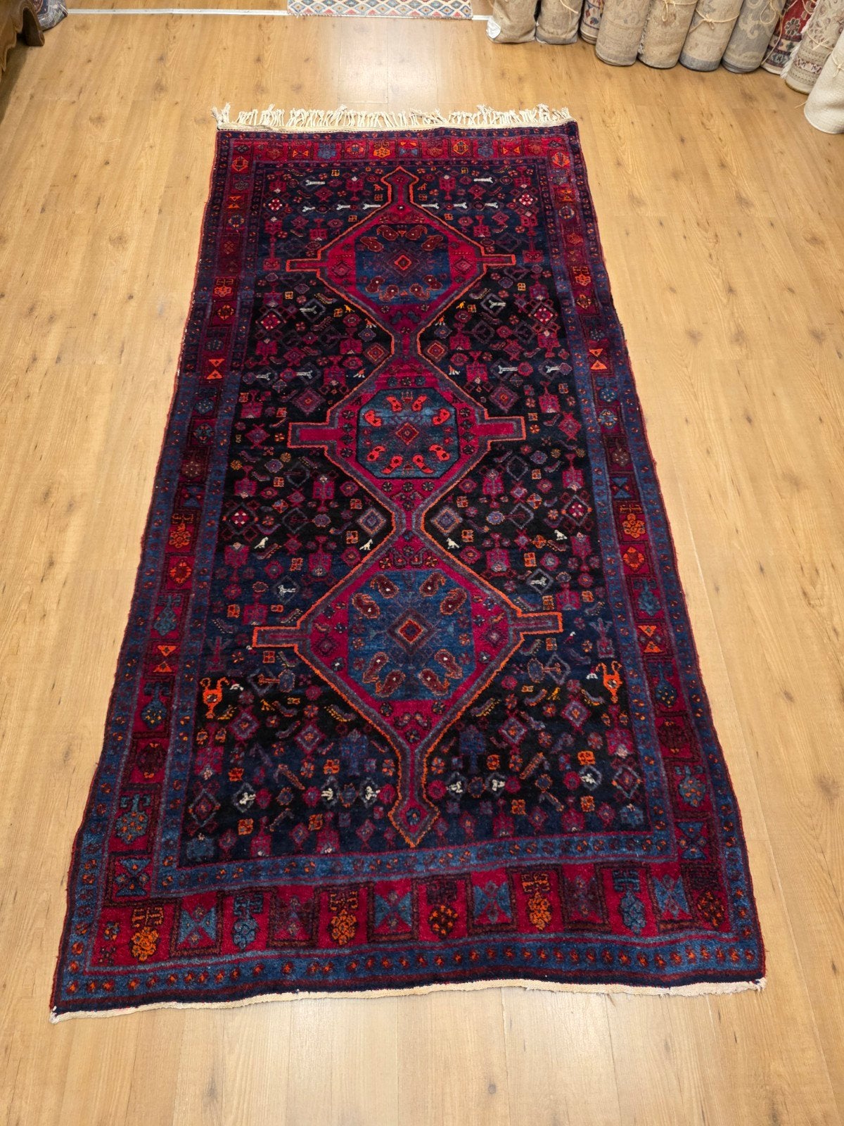 Vintage handgeknoopt perzisch tapijt hamadan 295x135, Info@SlatsAntiek.nl, Tweedehands, 100 tot 150 cm, Perzisch