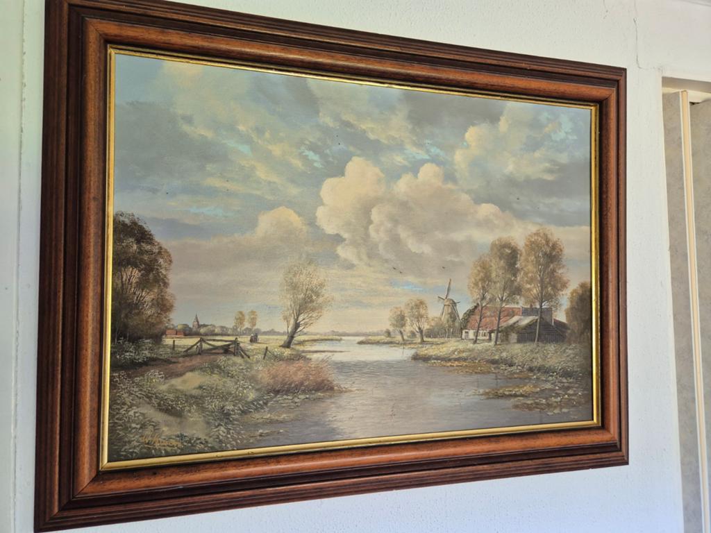 Schilderij Willem Kroon - Hollands Landschap met Molen, Ophalen of Verzenden