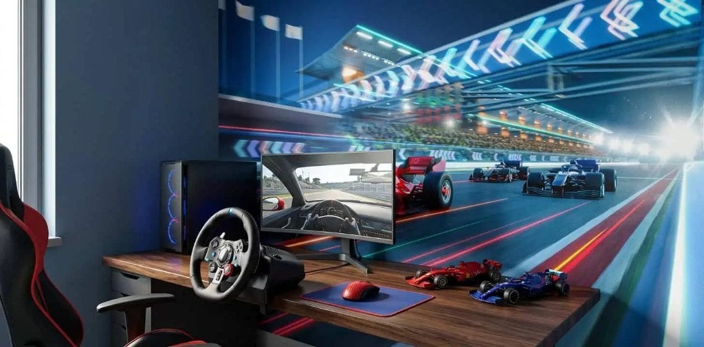 Fotobehang auto – rode racewagen op neonbaan, Blauw, Overige patronen, Overige merken, Modern