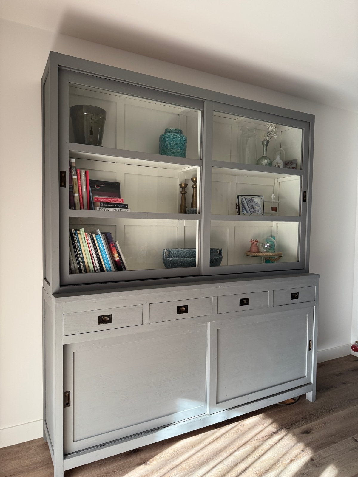 Grijze vitrinekast / boekenkast 200x230cm, Huis en Inrichting, Ophalen, Gebruikt, 200 cm of meer, 150 tot 200 cm