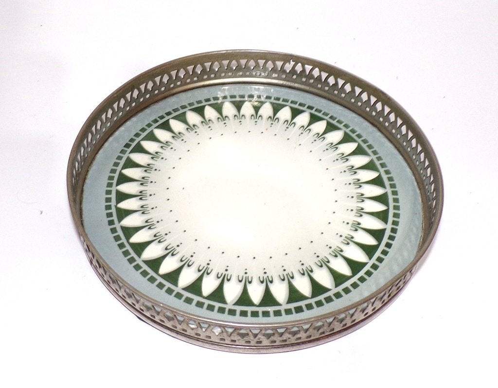 Art deco plateel dienblad met nikkelen rand, Ophalen of Verzenden
