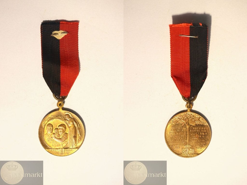 Draagpenning 1909/1910 'Geboorte Juliana en Eerste bezoek', Ophalen of Verzenden, Overige materialen, Nederland