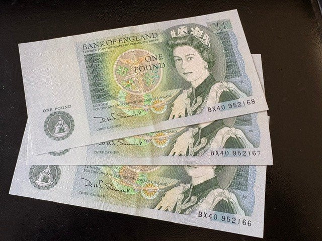 Bank of England 3 x 1 pond biljet ZF opeenvolgende nummers, Ophalen of Verzenden, Overige landen, Setje