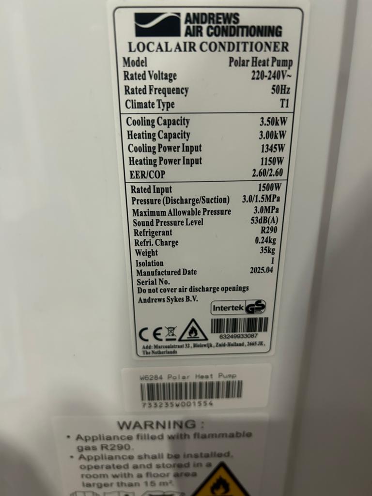 Andrews Airconditioning Mobiele Airco 3.5kW Koelen/Verwarmen, 3 snelheden of meer, Ophalen of Verzenden, Zo goed als nieuw, Koelen en Ontvochtigen