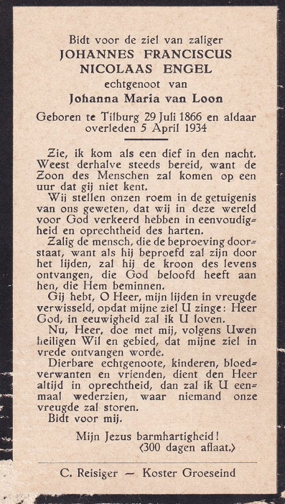 Engel Johannes 1866 Tilburg 1934, Ophalen of Verzenden, Bidprentje