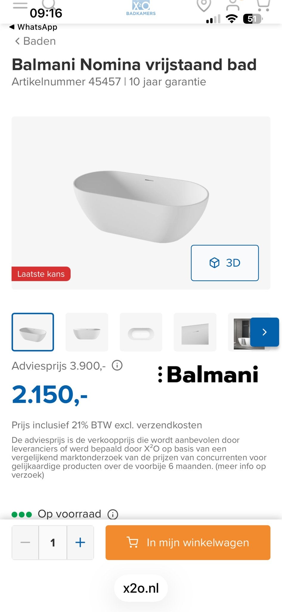 Balmani Nomina vrijstaand bad 169x80cm mat wit, Ophalen, Nieuw, Met bad