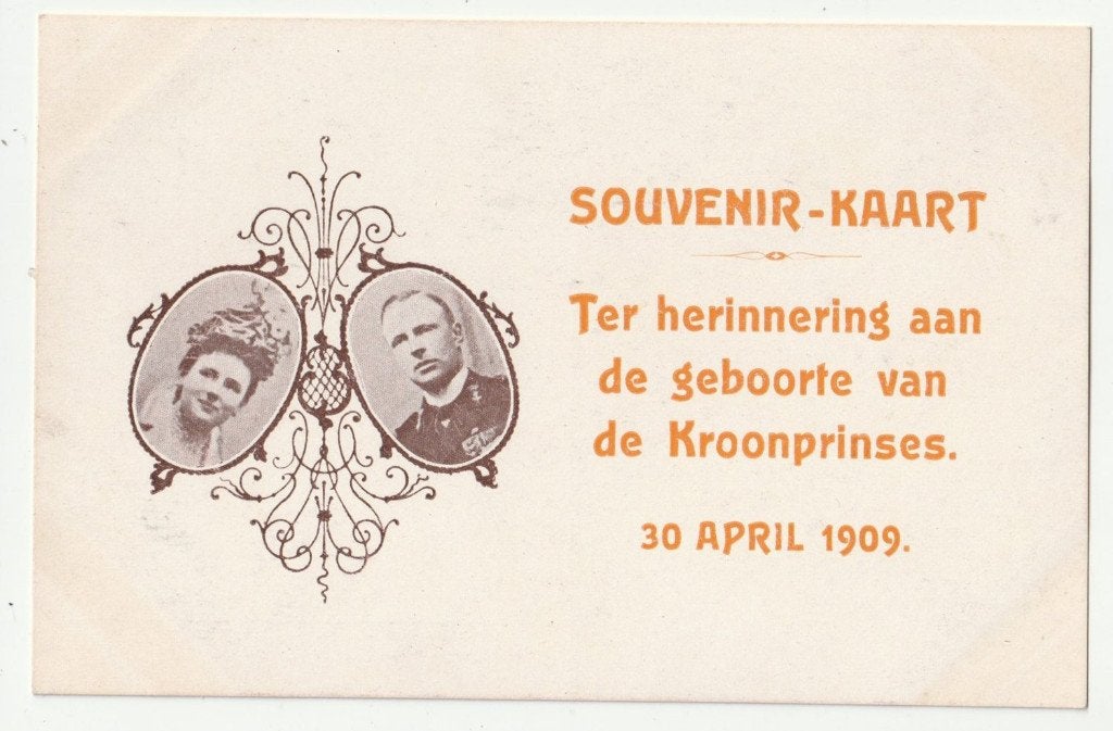 Souvenir-kaart geboorte Juliana 1909, Verzamelen, Koninklijk Huis en Royalty, Gebruikt, Verzenden, Kaart, Foto of Prent, X