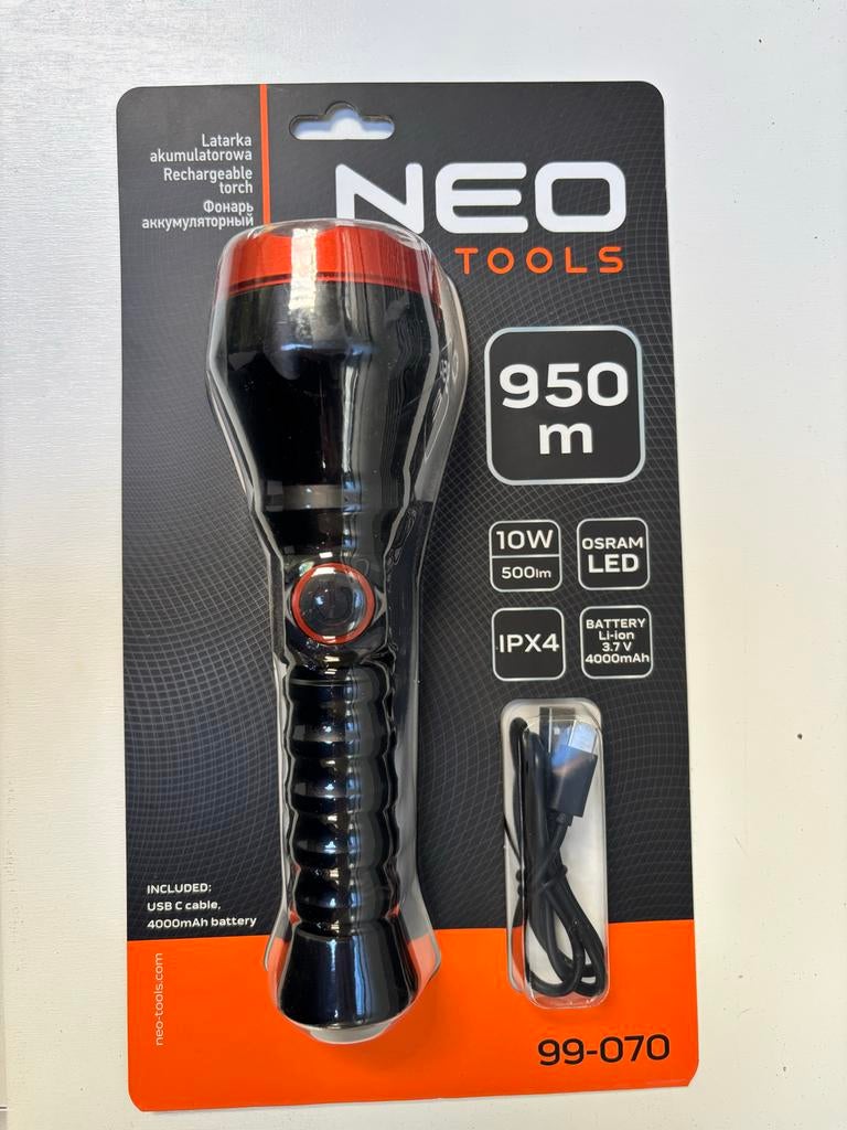Oplaadbare Zaklamp NEO TOOLS 950m 10W OSRAM LED, Caravans en Kamperen, Ophalen, Nieuw, Accu