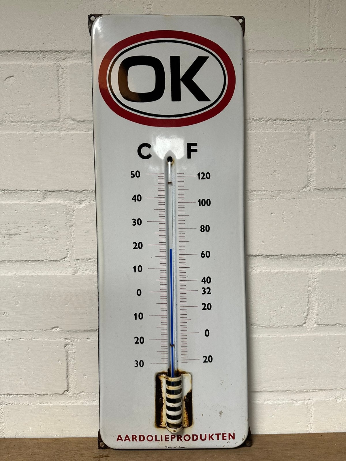 Originele oude OK emaille thermometer in mooie staat., Verzamelen, Ophalen, Gebruikt, Reclamebord
