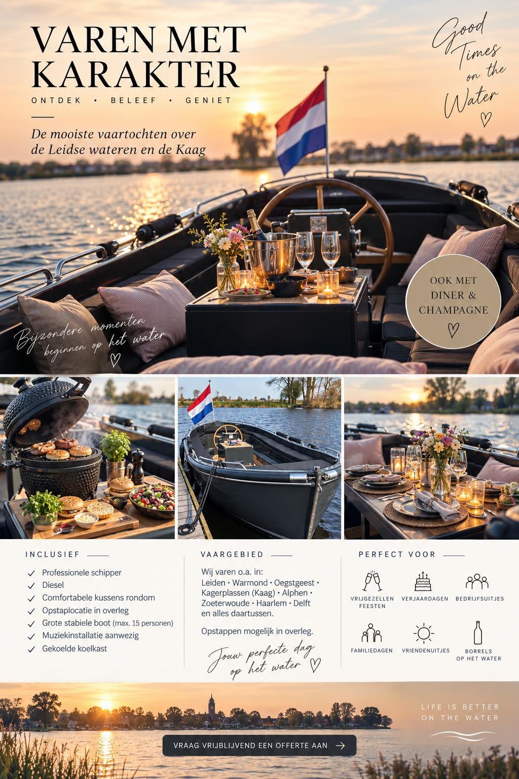 Sloep met schipper te huur regio Leiden vaartocht/boottocht, Met schipper, Party- of Rondvaartboot
