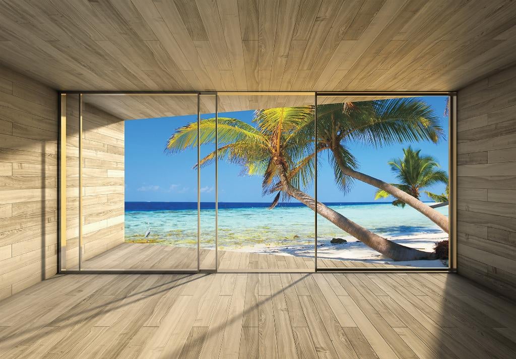 Strand 3D palmbomen fotobehang, Div. afm. * Fotobehang4you, Verzenden, Minder dan 10 m², Strand, Palmboom, 3D