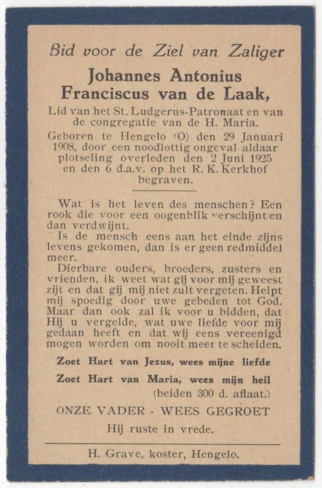Johannes A.F. van de Laak 1908 - 1925 Hengelo, 17 jaar oud, Verzenden