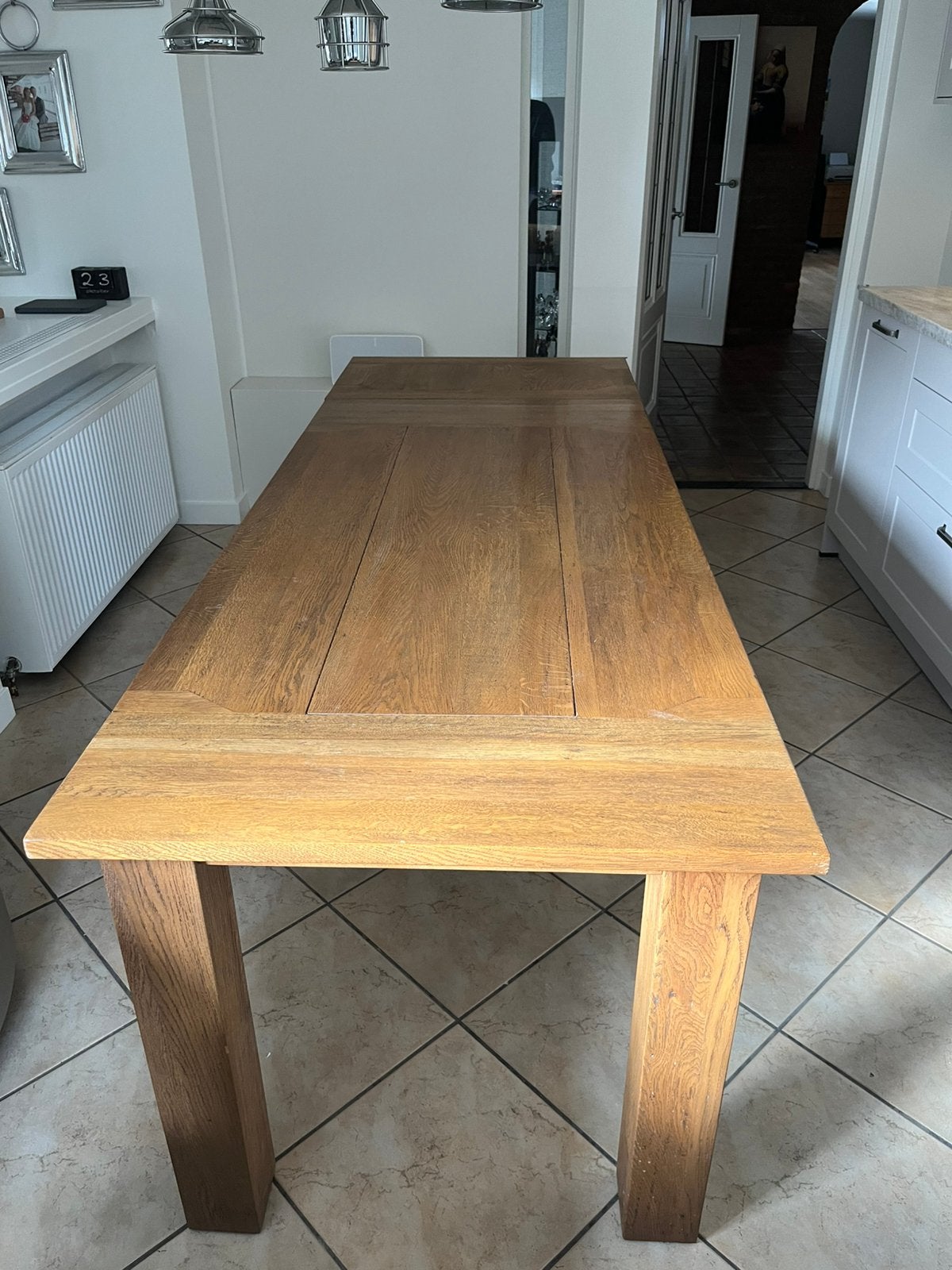 Massief eiken eettafel 180/230 x 85, Ophalen, 200 cm of meer, 50 tot 100 cm, Zo goed als nieuw