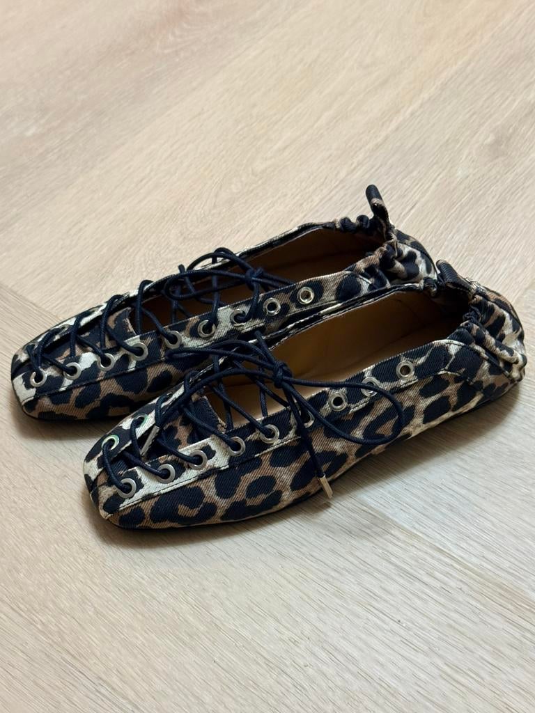 Ganni leopard denim ballerina’s – maat 37, Bruin, Ganni, Nieuw, Ballerina's